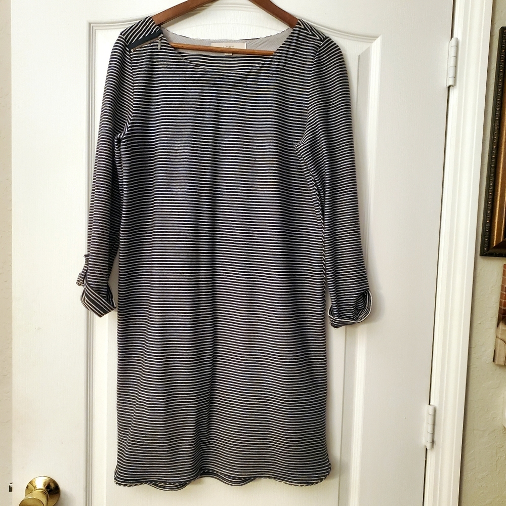 Ann Taylor Loft Navy Blue White Striped cotton blend Sheath Dress S